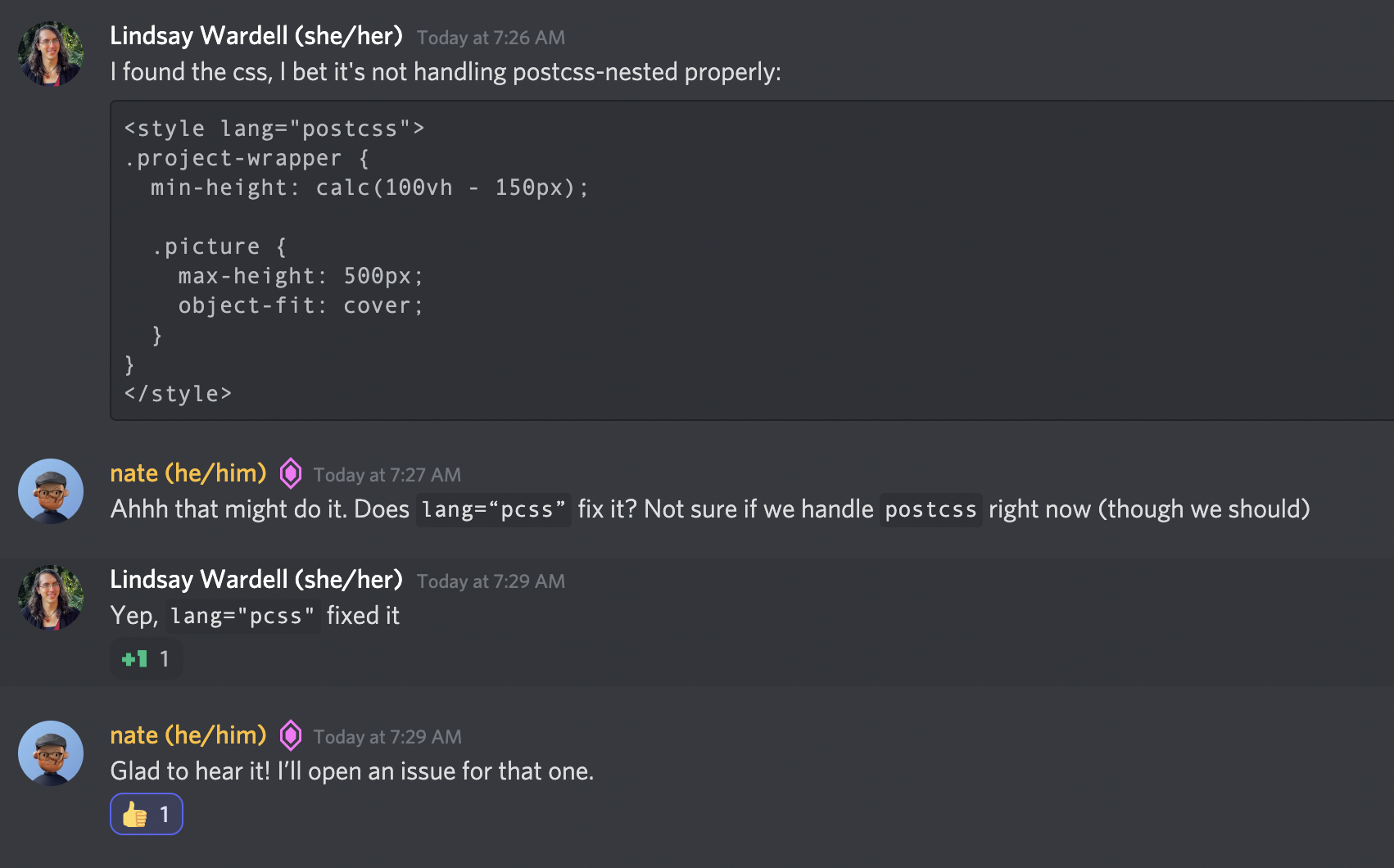 Discord chat discussion between Lindasy and Nate regarding PostCSS