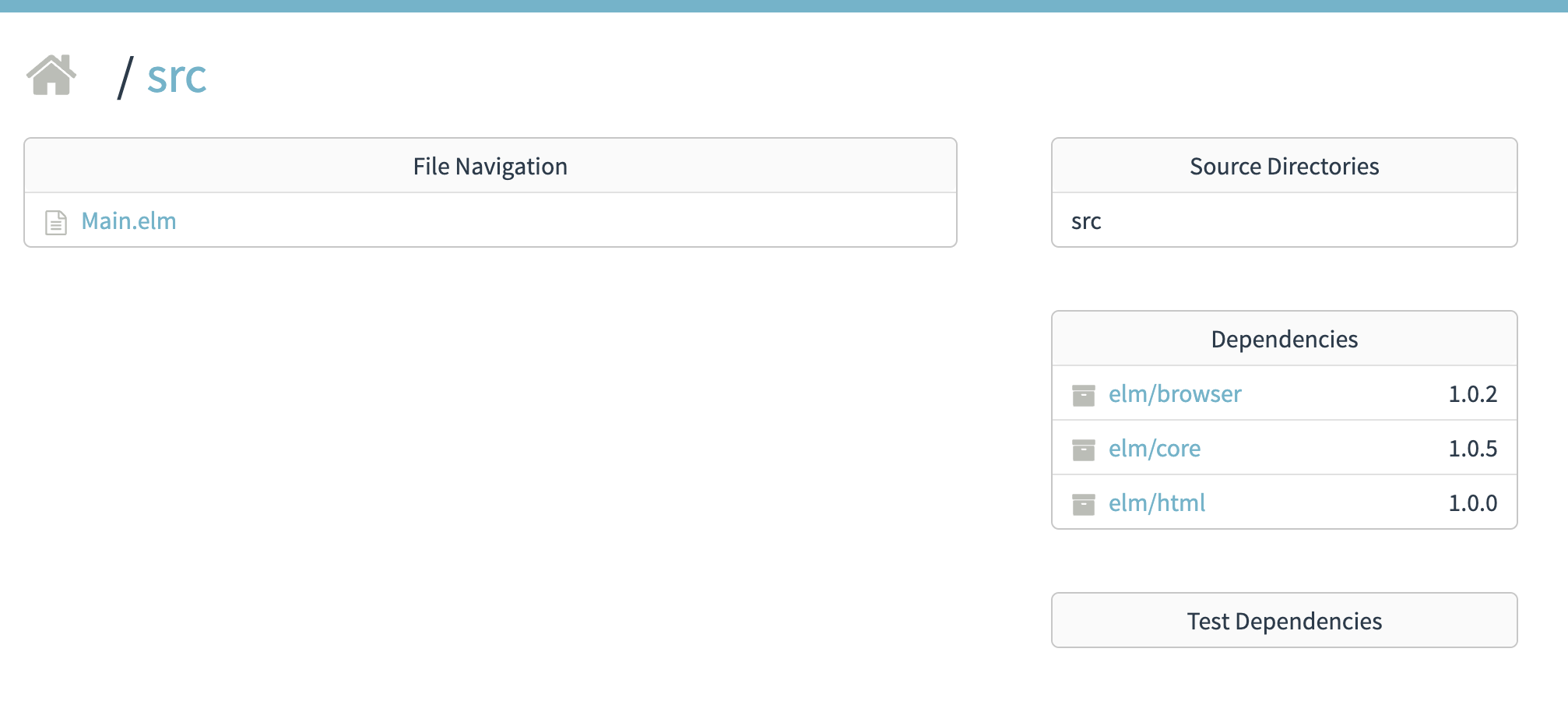 Elm reactor, showing current files in the src folder, source directories, and dependencies