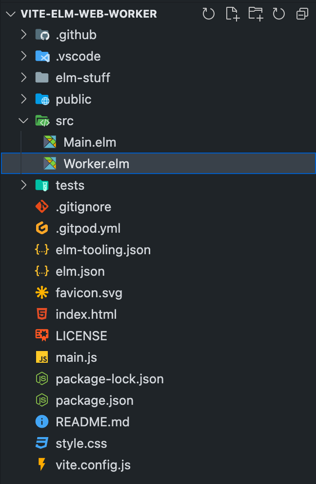 File tree in VS Code, showing the src folder has two files: Main.elm, and Worker.elm