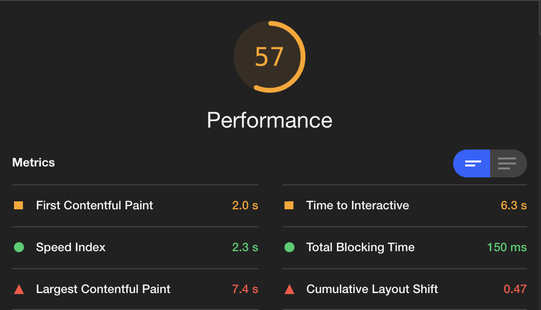 Performance metrics. First contentful paint: 2.0s, Time to Interactive: 6.3s, Speed Index: 2.3s, Total Blocking Time: 150ms, Largest Contentful Paint: 7.4s, Cumulative Layout Shift: 0.47
